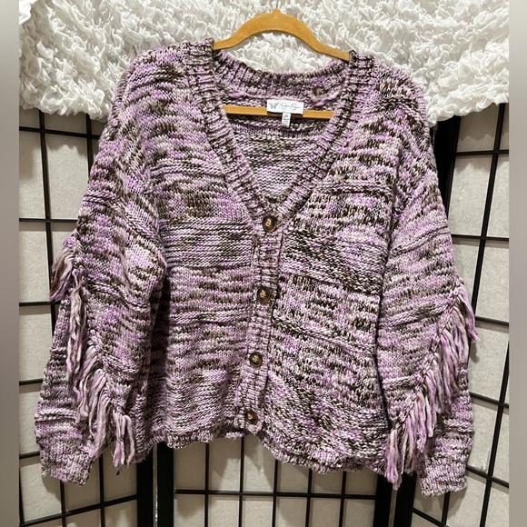 JESSICA SIMPSON Aamina Purple Knit Cardigan with Fringe, PLUS SIZE 2X - Picture 5 of 11